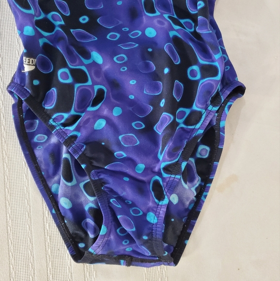 VTG Speedo Girls 1 Piece Purple Blue Abstract Geometric Pickaboo Back Swimsuit - Picture 4 of 9